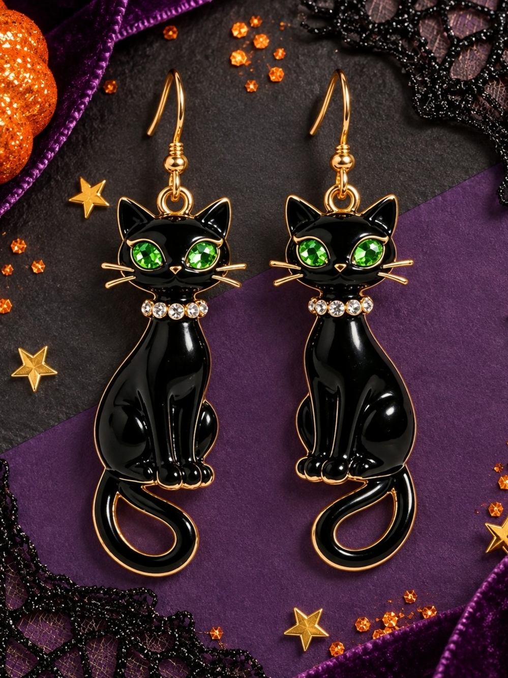 BETSEY JOHNSON HALLOWEEN BLACK CAT PURRRFECTLY MYSTERIOUS EARRINGS - Picture 2 of 3